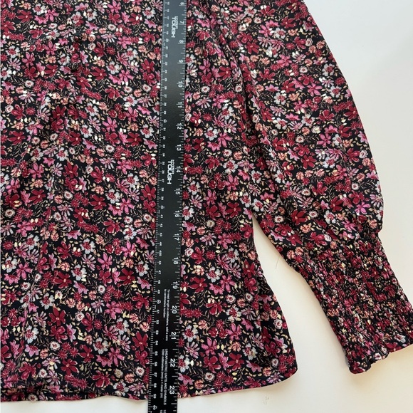 Aqua Floral Smocked Sleeve Top V- Neck Long Sleeve Pullover Small - Picture 5 of 10